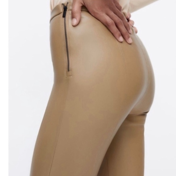 ZARA Tan Faux Leather Leggings Vegan Skinny Pants Hi-Rise Ankle Slit Women’s S - Picture 6 of 16